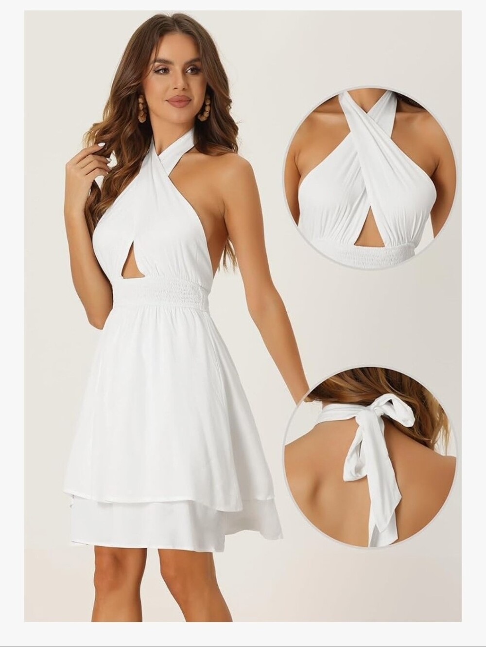 Allegra K Halter Neck Sleeveless Dress for Women's Summer Smocked Backless Layer